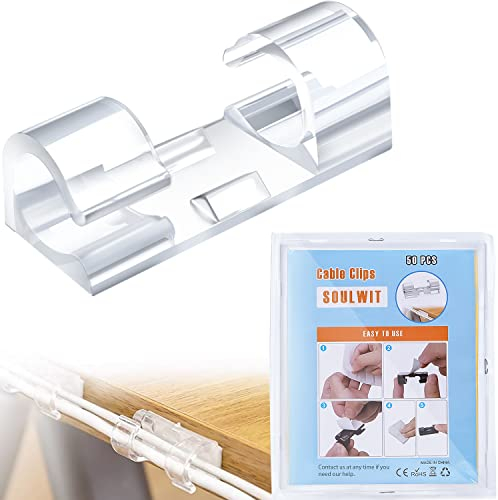 SOULWIT® 50 Pcs Self Adhesive Cable Management Clips, Cable Organizers Sticky Wire Clips Cord Holder for TV PC Laptop Ethernet Cable Desktop Home Office