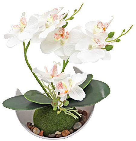 MINYULUA - Orchidea artificiale con fiore di falaenopsis in finto bianco con vaso, pianta in vaso, bonsai per matrimoni, feste, ufficio, centrotavola per il bagno, decorazione della casa