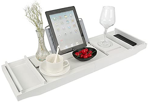 HUOLE Bambus Luxus Badewanne, Bad Tablett für Badewanne, einzigartiger Badewanne Organizer mit Book Tablet Weinglas Cup Handtuchhalter, wasserdicht, verstellbar,Bambusbadewannenständer, 70-105cm