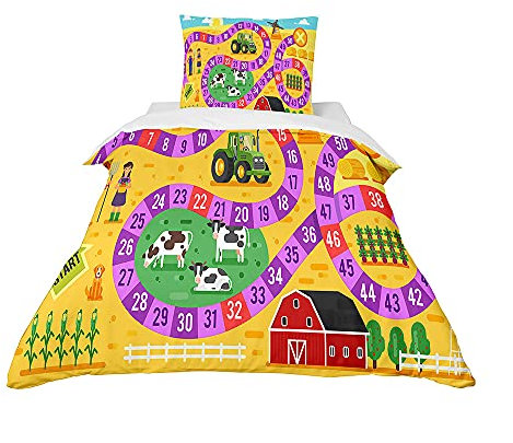 Baby Kinder Bettwäsche mit Kopfkissenbezug, Mateju Mädchen Junge Mikrofaser Bettbezüge mit Reißverschluss, Kinderbettwäsche-Set Babybettwäsche (Gelber Bauernhof,2pcs-100x135+40x60cm)