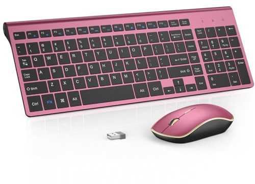 JOYACCESS J Teclado y Mouse inalámbrico Combo 2.4G USB Inglés QWERTY 2400DPI Silencio Ratón para PC,Portátil,Smart TV,Tableta,Windows(Rojo Vino)
