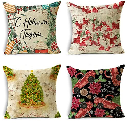 Moonlee Kissenbezug 30x30cm/12x12in Weihnachten 4er Set Deko Kissen,Linen Kissenhülle,Quadrat Sofakissen Kissenbezüge,Home Dekorkissen Kopfkissenbezug CH-322