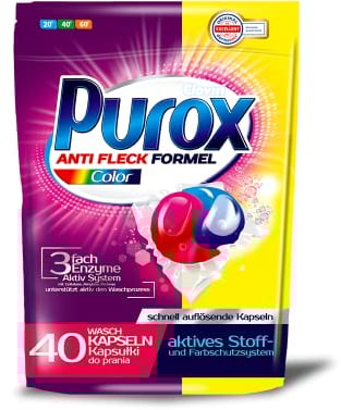 PUROX COLOR Waschkapseln (40 Stück) – Waschmittel für farbige Textilien, entfernt Flecken, schützt Farben, vollständig ausspülbar, umweltfreundlich, Doypack