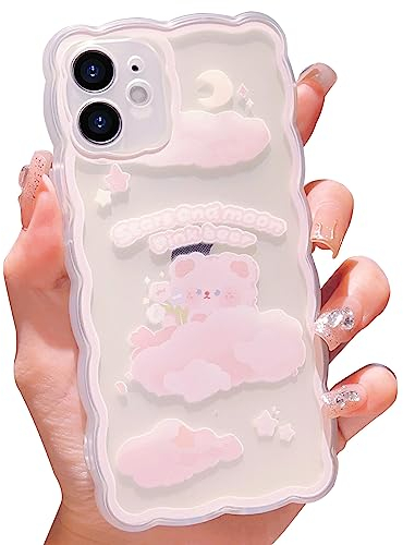 HZLFCZL Kompatibel mit iPhone 11 Hülle Blumen Wolken Mond bär Aesthetic Handyhülle Kameraschutz Niedlich Muster Mädchen Frauen Kawaii Weich TPU Transparent Case for iPhone 11-Rosa