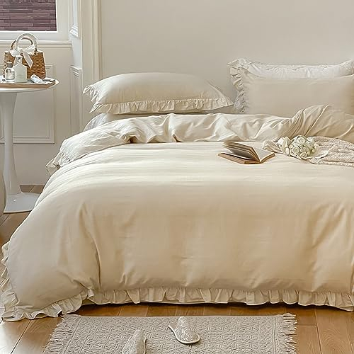 AShanlan Bettwäsche Rüschen 135x200 4teilig Beige Uni Einfarbig Romantisch Rüschenbettwäsche Set Microfaser Deckenbezug mit Kissenbezug 80x80 cm Reißverschluss