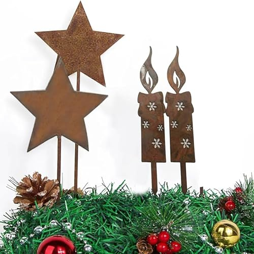 Roststecker Kerzen und Star Weihnachtsdeko 4 Stück Rost Gartenstecker Weihnachtskerzen Weihnachten Deko Rost Kerze Licht Metall Wetterfest, Draußen Gartenstecker Rost Kerze, Gartendeko Baumstecker