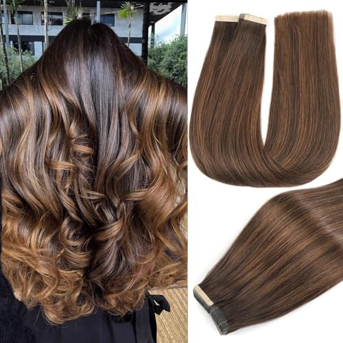 YDDM Tape Extensions Echthaar Balayage Braun 20pcs 40cm 40g Dunkelbraun mit Chestnut Brau Remy Invisible Tape in Extensions Echthaar Ombre Tapes Ins Haarverlängerung Goldbraun(16Zoll,2/2/6#)