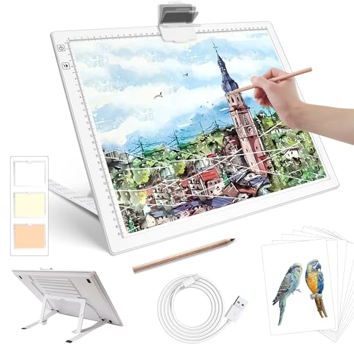 Zocelight Rechargeable A3 Diamond Art Light Board,Light Pad with Stand and Clip,3 Colors Stepless Dimmable and 6 Levels of Brightness Light Box for tracing,Diamond Painting,Drawing,Sketching(White)