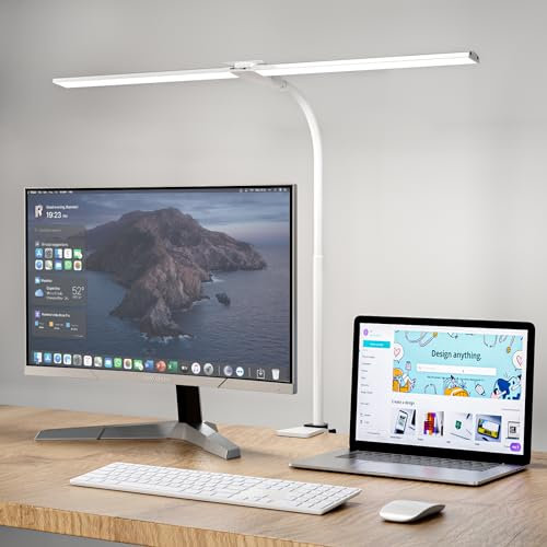 Hensam LED Desk Lamp for Office,Double Head Desk Light with Clamp,Eye-Caring Monitor Light Bar 5 Color Modes,Touch Control Table Lamp for Study,Bedroom,Work,Task,Reading,Adapter,12W,1400lumen White