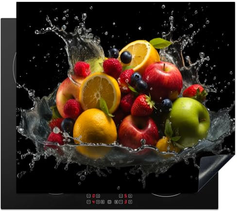 KitchenYeah© Herdabdeckplatte Einteilig Herdabdeckung Abdeckplatte für Ceranfeld Abdeckung Induktionskochfeld Aufrollbare Matte Obst - Apfel - Orange - Rot - Wasser - 58x51 cm