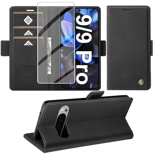 Giyer Handyhülle für Google Pixel 9/9 Pro Hülle mit Schutzfolie, Schutzhülle Pixel 9 Pro Premium Leder Wallet Klapphülle Standfunktion Kartenfach Lederhülle für Google 9/9 Pro Flip Case (Schwarz)