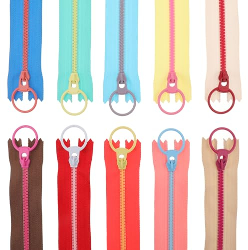 Bewudy 20 Stück Bunt Harz Reißverschlüsse, 10 Farben Nylon Reißverschluss Set Coil Reißverschluss mit Metall-Ring zum Nähen Basteln, 23 cm Kunstharz Nähreißverschlüsse für Nähbegeisterte DIY Kleidung