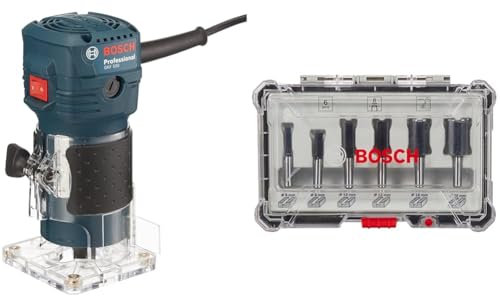 BOSCH 06016A0020 Affleureuse 5mm 550W-GKF 500 + 6 pièces Kit de Fraises Droite (pour bois, Ø 8 mm Queue, Accessoires de Fraises d'Encastrement)