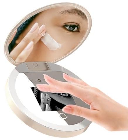 Compact Mirror with UV Camera and Light, for Sunscreen Test, Portable Travel Mirror for Sun Protection Lighted Makeup Mirror Pocket Mirror,Beige
