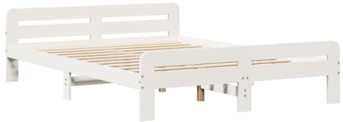 vidaXL Massivholzbett, Holzbett mit Kopfteil Fußteil Lattenrost, Doppelbett für Schlafzimmer, Bett Bettgestell, Weiß 140x190cm Kiefernholz