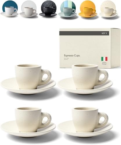 KIVY Juego de tazas de café expreso [4 x 75 ml] – tazas de espresso con platillos, hechas a mano, de pared gruesa, cerámica italiana, paredes gruesas, color beige