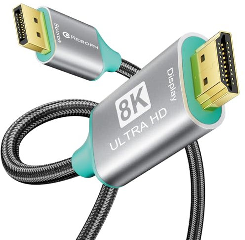 Reborn DisplayPort to HDMI 8K Cable 6FT【8K@60Hz 4K@144/120Hz】 Uni-Directional Active DP 1.4 Source to HDMI 2.1 Braided Cord Display Port Cable Support HDR,HDCP2.3,DSC1.2a,32.4Gbps for AMD,NVIDIA