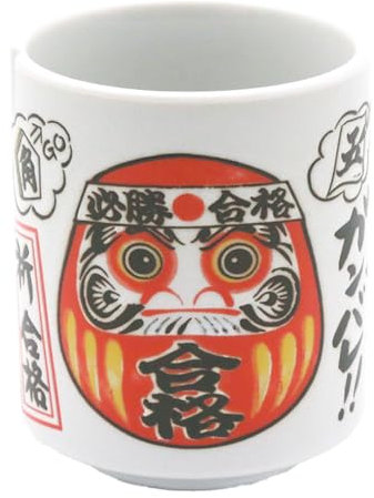Starry Mart Japanese Ceramic Tea Cup Set Traditional Designs Featuring Mount Fuji, Daruma & More – Authentic and Durable Teacups for Hot or Cold Beverages (Daruma)