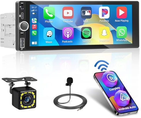 Fuluku Inalámbrico Carplay 1 DIN Radio Coche con Android Auto, HD 1080P Pantalla Táctil 6.9 Pulgadas 1 DIN Radio Bluetooth 5.0 FM SWC EQ Mirror Link Cámara de Seguridad Mic AUX/TF/USB Tipo-C Puerto