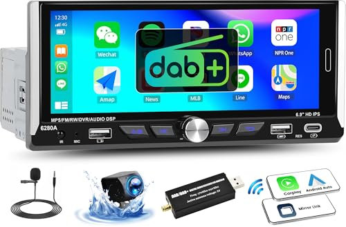 OiLiehu 2+64G Android 13 Single Din DAB+ Car Stereo with Wireless CarPlay Android Auto, 6.9'' IPS Touch Screen Radio, WiFi, GPS, Mirror Link, Bluetooth, FM/RDS/DAB Radio, EQ, SWC, USB, Backup Camera