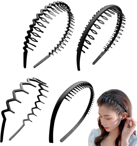 4 Stück Haarreifen Matt Schwarzes Elastisches Haarbänder Mehrere Stile Wellen Gezackte Haarreif Rutschfest Zickzack-Stirnband mit Anti-rutsch Zähne Geeignet für Tägliches Yoga Make-up Sport Fitness