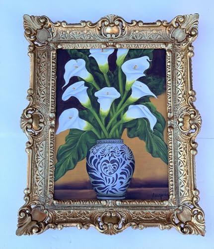 Pintici Gerahmte Gemälde Blumen Bilder 56x46 Calla Blumen Weiß mit Vase Bild mit Rahmen Wandbild Wanddeko dekorativer Rahmen