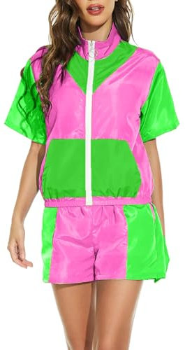 Generisch 80er 90er Jahre Outfit Damen Neon 80 Jahre Outfit Party Mädchen Neon Shirt 80s Aerobic Outfit Kleidung Mottoparty Beinstulpen Pink Tüllrock Damen Festlich Schwarz