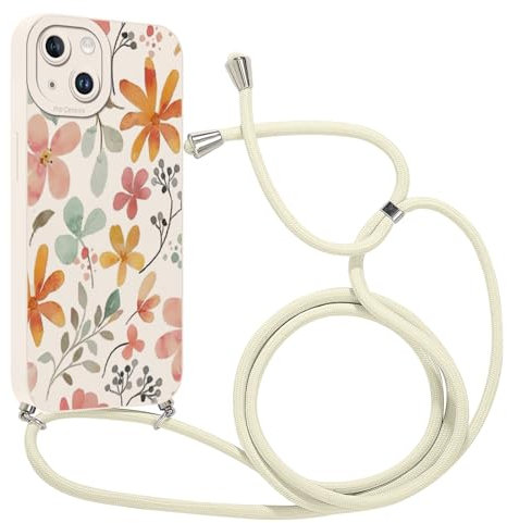 Kueqeay Handyband für iPhone 14 Hülle mit Band 6,1'', Aesthetic Weißer Blume Muster Verstellbarer Halskette Handyhülle mit Kordel zum umhängen Silikon Stoßfest Schutzhülle mit Kette, 01