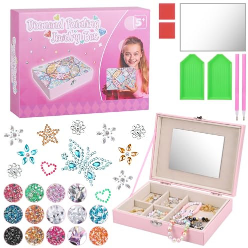 JIZZU Geschenke für Mädchen 5 6 7 8 9 10 Jahre, Kreatives DIY Diamond Painting Kinder Schmuckkästchen Bastelset, Geschenk Mädchen 5-12 Jahre Mandalas Kreatives Geburtstagsgeschenk