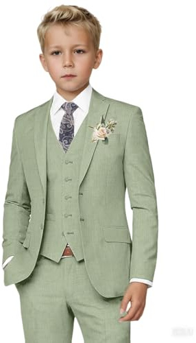 Botong Boys Linen Suit for Summer Wedding 3 PC Notch Lapel Kids Tuxedos Toddler Formal Wear Sage 3T