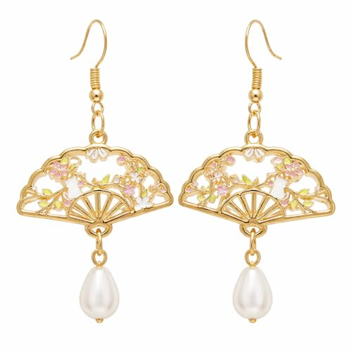 Süße Blumen Emaille Sakura Fächer Ohrringe für Frauen Freundinnen Katzen Anhänger Schmuck Statement Accessoires Anhänger Frühling Sommer Geschenke