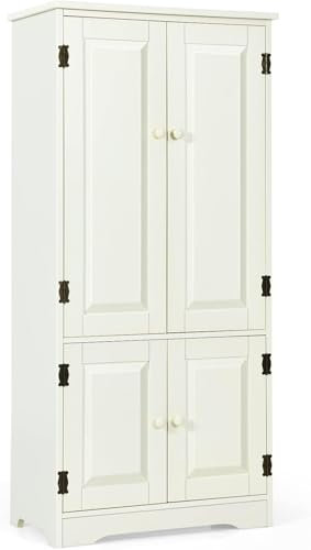 FANTASK Mehrzweckschrank Vintage, Flurschrank mit verstellbarem Regal, Badschrank Wäscheschrank Holz, Weiß