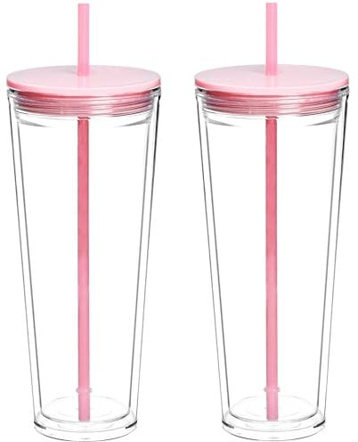 Yisituo 2 Pack 710ml Iced Coffee Cup, Plastic Tumbler with Straw and Lid, Reusable Double Wall Water and Cold Cups(2, Pink)