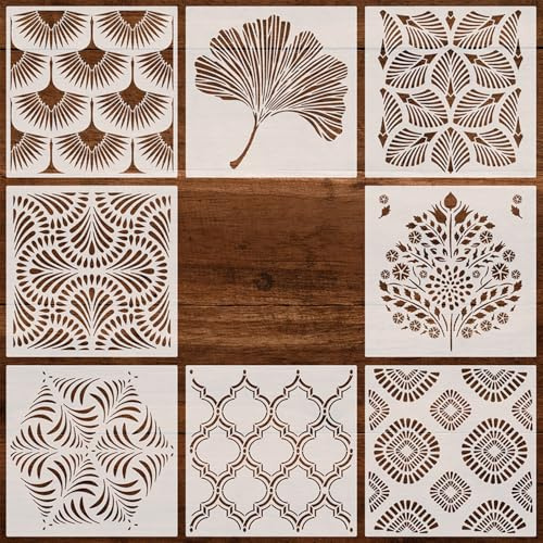 ZSUIQIN 8 Stück Malerei Schablone, für Scrapbooking & Möbel | PET, Geometrische Muster, Durchbrochenes Design, Waschbar, DIY-Freundlich, 30 x 30 cm, für Farbkunst & Raumdeko (Weiß)