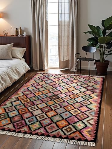 Hanse Home Afghan Kelim Teppich Zara - Bunter Traditioneller Teppich Handgewebt, Wolle & Baumwolle, Afghanischer Stil Oriental mit Fransen für Wohnzimmer, Schlafzimmer - Schwarz Multi, 160x230 cm