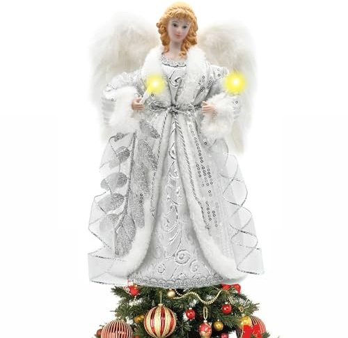 Weihnachtsbaumspitze Engel 32CM,Stoff Christbaumspitze mit LED Licht,Angel Christmas Tree Topper,Tannenbaum Spitze Weihnachtsengel Baumspitze Mit Lichtern, Batterie Nicht Enthalten (Silber)