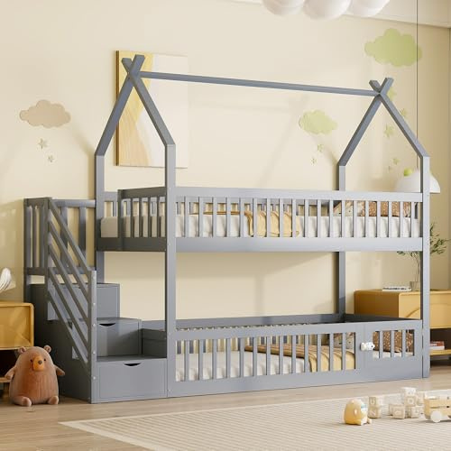 Etagenbett 90x200cm mit Stauraumtreppe Hausbett mit Dach Hochbett mit Rausfallschutz Standbett mit Holz Lattenrost Doppelbett Platzsparend Gästebett ohne Matratze Grau