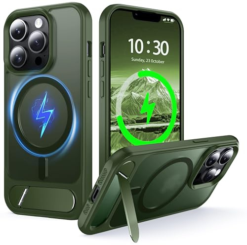 NJROW Magnetic Stand for iPhone 13 Pro Max Case Compatible with MagSafe | [Stand & Wireless Charging 2in1] [Flush Hidden Kickstand] [Military Shockproof] Slim Translucent Matte,Green