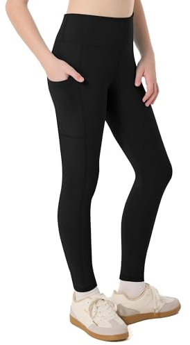 Moozava Girls Athletic Leggings with Pockets Kids High Waisted Dance Pants Yoga Workout Running Cheer Gymnastics Tights M Black