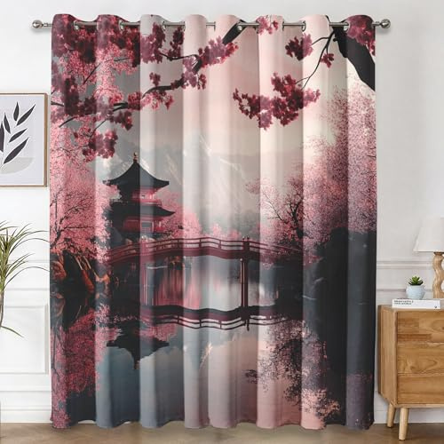 Générique Rideau Occultant Style Japonais, Rideaux Temple Fleurs de Cerisier, Rideau Thermique Anti Froid pour Salon Chambre Decoration, Lot de 2 Draperies Intérieur 117x137 cm PW&19