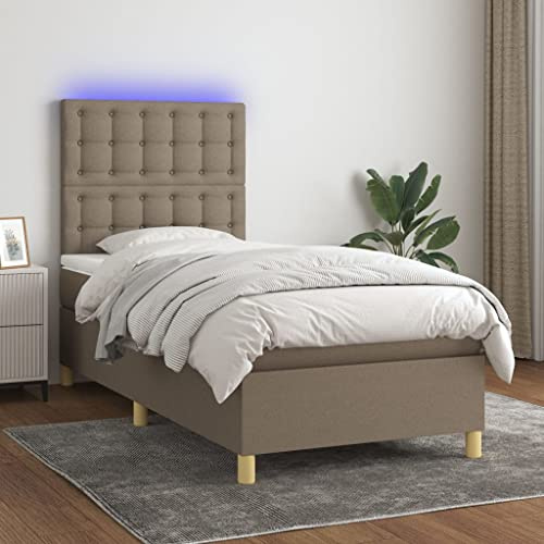 QJBSAVVA Boxspringbett 90x190 cm mit Matratze & LED Taupe Modernes Jugendbett mit höhenverstellbarem Kopfteil atmungsaktiver Stoff Ehe für Schlafzimmer Gästezimmer und Jugendzimmer
