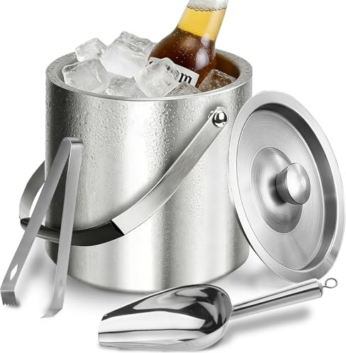 1.6L Double Walled Stainless Steel Ice Bucket with Lid and Tongs, for Ice Buckets for Parties with Ices Scoop, Home Bar, Restaurant, BBQ, Clubs and Picnics, Keep Ices Frozen Longer Beer Bucket