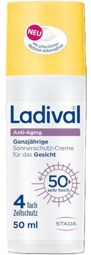 Ladival Anti-Aging Sonnencreme Gesicht LSF 50, mit Hyaluronsäure, 50 ml | Reduziert Falten, Mit pflanzlicher Retinol-Alternative, Kollagen & Hyaluronsäure, 24h Feuchtigkeit, Ohne Weißfilm