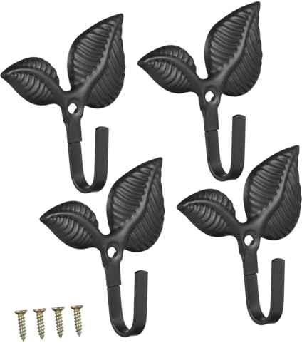 HINTRMENT Hierro Negro Ganchos de Pared Decorativos, Hoja 4 Piezas | Wall Hooks, Estilo Vintage, Montaje Sencillo, Accesorios Incluidos, Uso Multifuncional para Organización