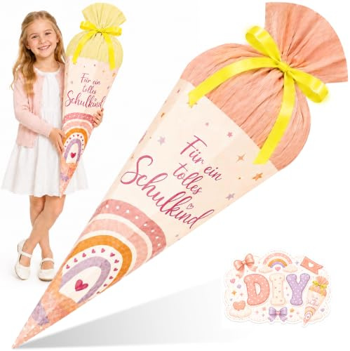 58 cm Schultüte Einschulung Zuckertüte Mädchen Füllung Groß Bastelset | Geschwister Schultüten Einschulung Mädchen Geschenk, Regenbogen DIY Zuckertüte 6-eckig, Lackkarton, Ø 24 cm Gelb