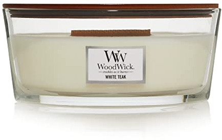 Ellipsenförmige WoodWick Duftkerze mit knisterndem Docht, White Teak, bis zu 50 Stunden Brenndauer,Large, Ellipse, 454g
