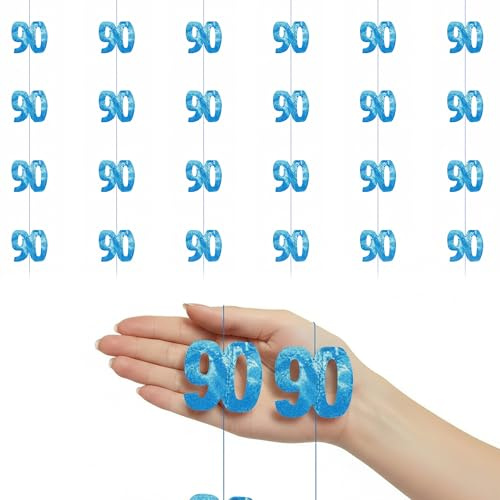 Shatchi 90th Glitz Blue Anniversary Birthday Metallic Hanging String Decorations, Shiny Foil Banner for Party Doors and Walls, Pack of 6