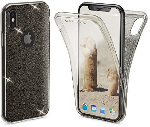 NALIA 360 Grad Hülle für iPhone XS X - Glitzer - Case, Schwarz