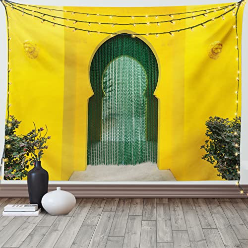 ABAKUHAUS Orient Wandteppich und Tagesdecke, Old Eastern Building, aus Weiches Mikrofaser Stoff Wand Dekoration Für Schlafzimmer, 150 x 110 cm, Grün Gelb