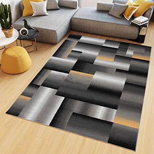 TAPISO Maya Teppich Kurzflor Modern Vierecke Streifen Design Schwarz Grau Gelb Weiß Meliert Verwischt Wohnzimmer Schlafzimmer ÖKOTEX 160 x 230 cm